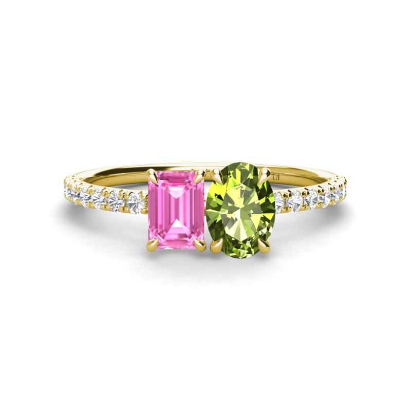 Galina 7x5 mm Emerald Cut Pink Sapphire and 8x6 mm Oval Peridot 2 Stone Duo Ring 