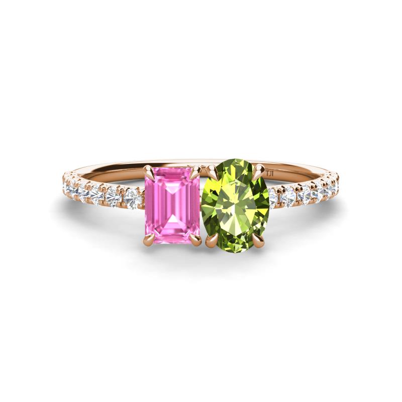 Galina 7x5 mm Emerald Cut Pink Sapphire and 8x6 mm Oval Peridot 2 Stone Duo Ring 