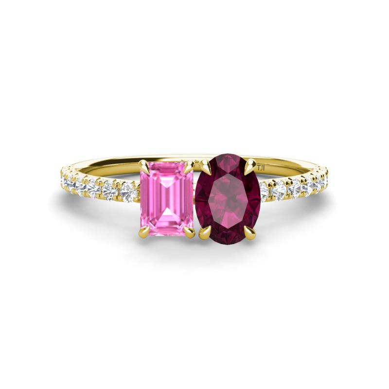 Galina 7x5 mm Emerald Cut Pink Sapphire and 8x6 mm Oval Rhodolite Garnet 2 Stone Duo Ring 