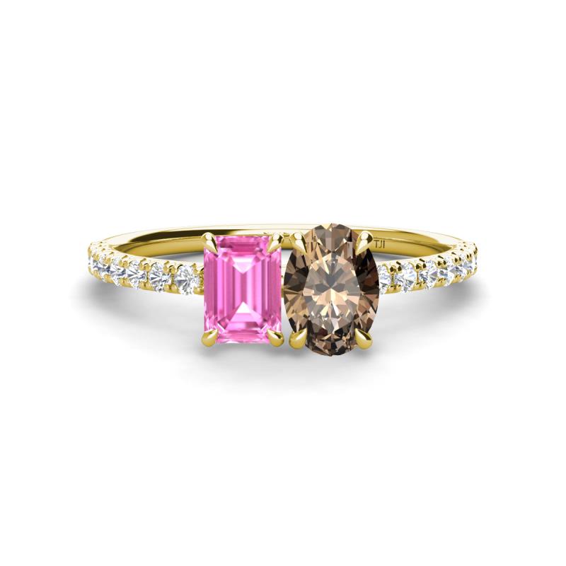 Galina 7x5 mm Emerald Cut Pink Sapphire and 8x6 mm Oval Smoky Quartz 2 Stone Duo Ring 