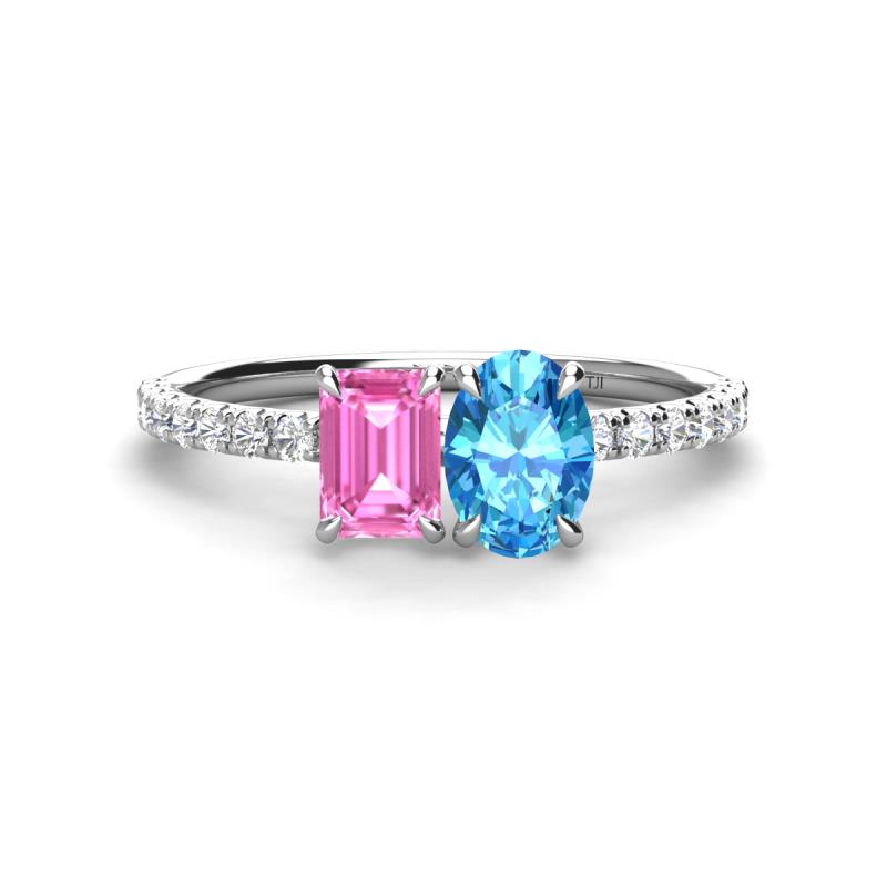 Galina 7x5 mm Emerald Cut Pink Sapphire and 8x6 mm Oval Blue Topaz 2 Stone Duo Ring 