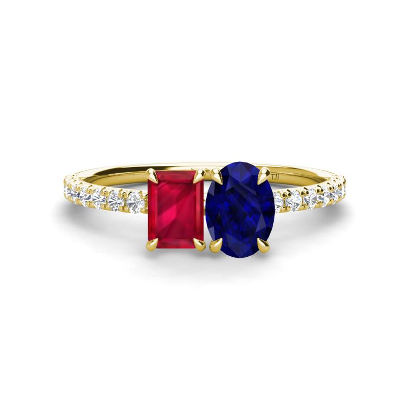 Galina 7x5 mm Emerald Cut Ruby and 8x6 mm Oval Blue Sapphire 2 Stone Duo Ring 