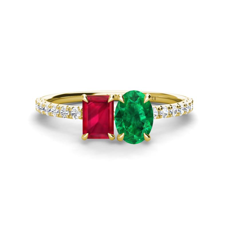 Galina 7x5 mm Emerald Cut Ruby and 8x6 mm Oval Emerald 2 Stone Duo Ring 