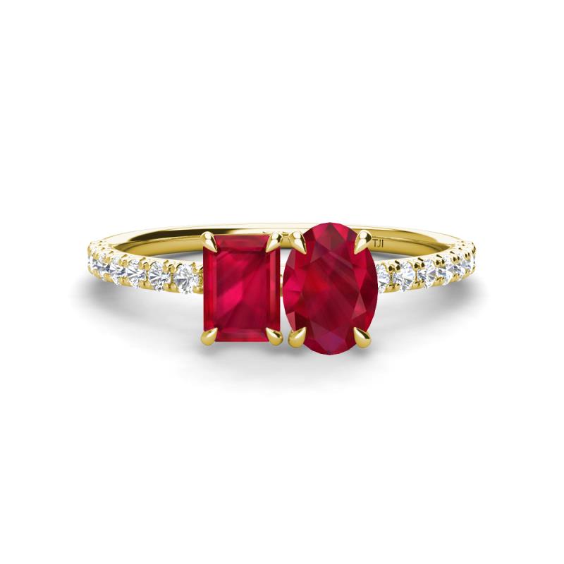 Galina 7x5 mm Emerald Cut and Oval Ruby 2 Stone Duo Ring 