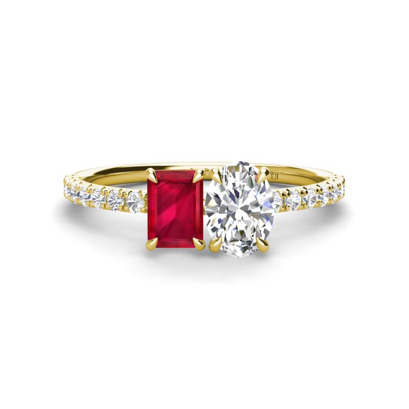 Galina 7x5 mm Emerald Cut Ruby and 8x6 mm Oval Forever One Moissanite 2 Stone Duo Ring 