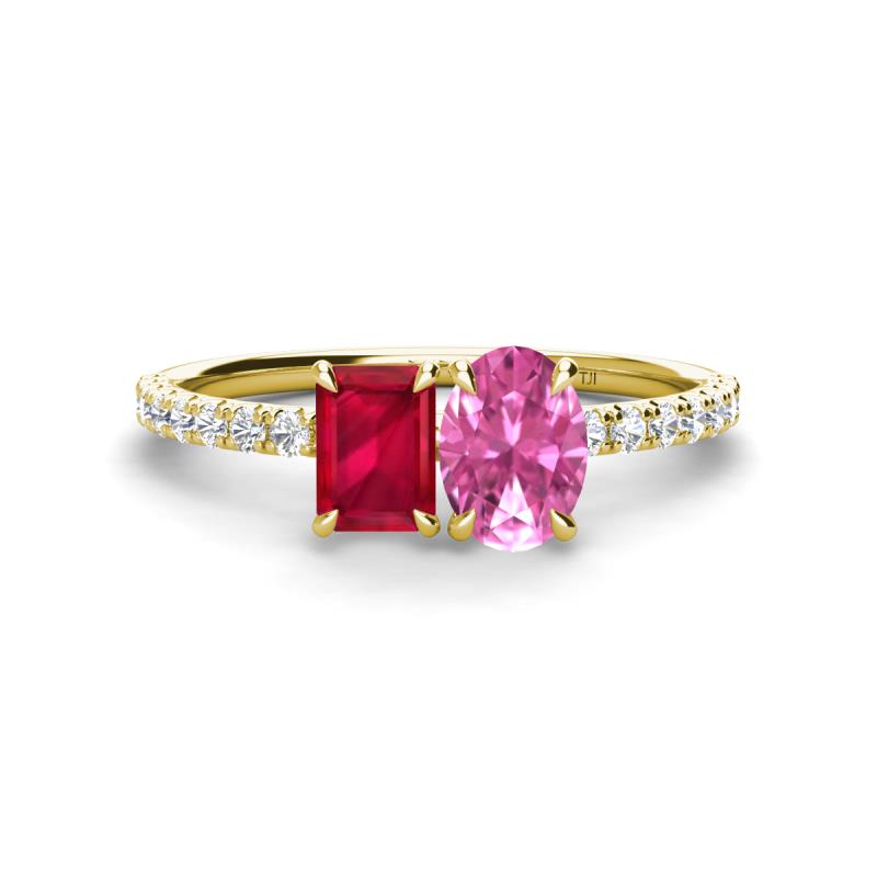 Galina 7x5 mm Emerald Cut Ruby and 8x6 mm Oval Pink Sapphire 2 Stone Duo Ring 