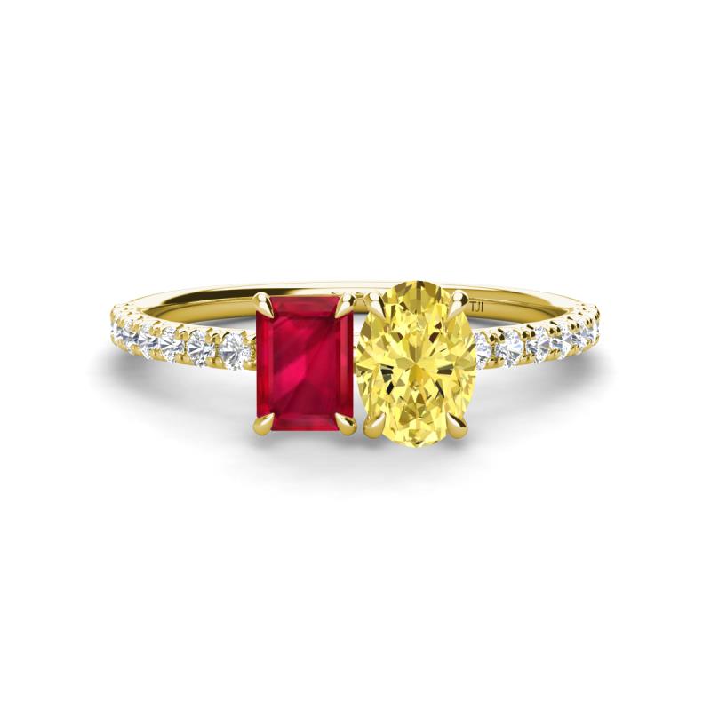 Galina 7x5 mm Emerald Cut Ruby and 8x6 mm Oval Yellow Sapphire 2 Stone Duo Ring 