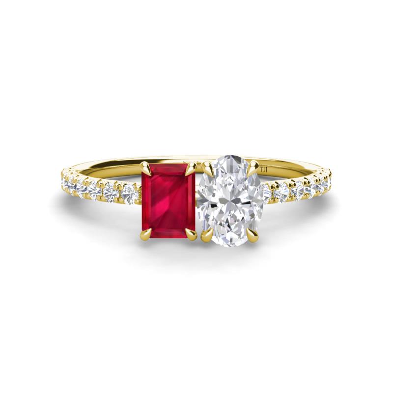 Galina 7x5 mm Emerald Cut Ruby and 8x6 mm Oval White Sapphire 2 Stone Duo Ring 