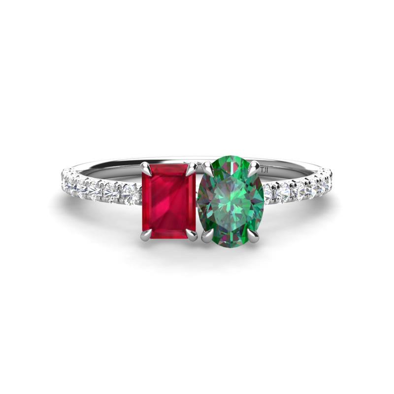 Galina 7x5 mm Emerald Cut Ruby and 8x6 mm Oval Lab Created Alexandrite 2 Stone Duo Ring 