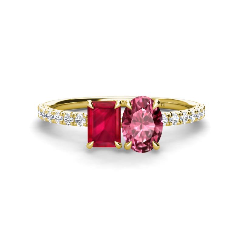 Galina 7x5 mm Emerald Cut Ruby and 8x6 mm Oval Pink Tourmaline 2 Stone Duo Ring 
