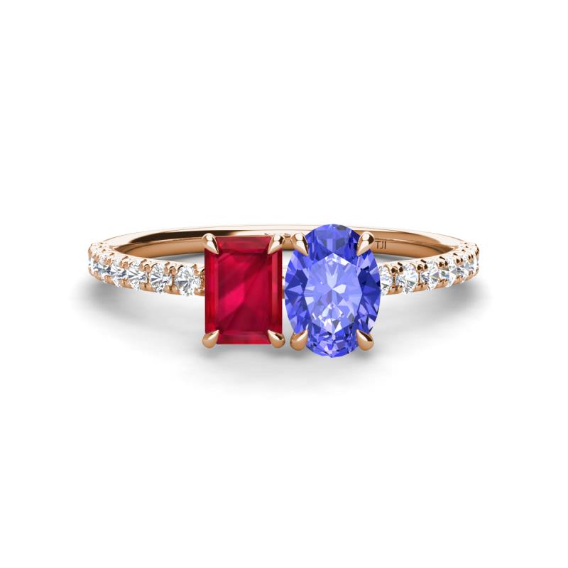 Galina 7x5 mm Emerald Cut Ruby and 8x6 mm Oval Tanzanite 2 Stone Duo Ring 