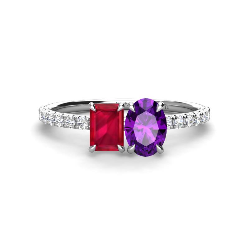 Galina 7x5 mm Emerald Cut Ruby and 8x6 mm Oval Amethyst 2 Stone Duo Ring 