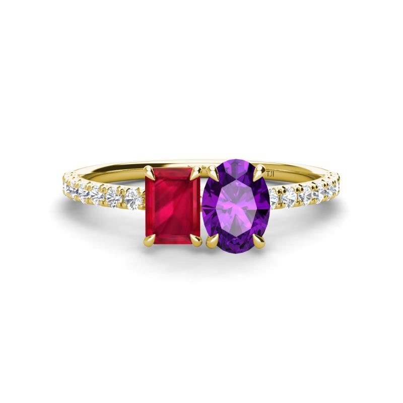 Galina 7x5 mm Emerald Cut Ruby and 8x6 mm Oval Amethyst 2 Stone Duo Ring 