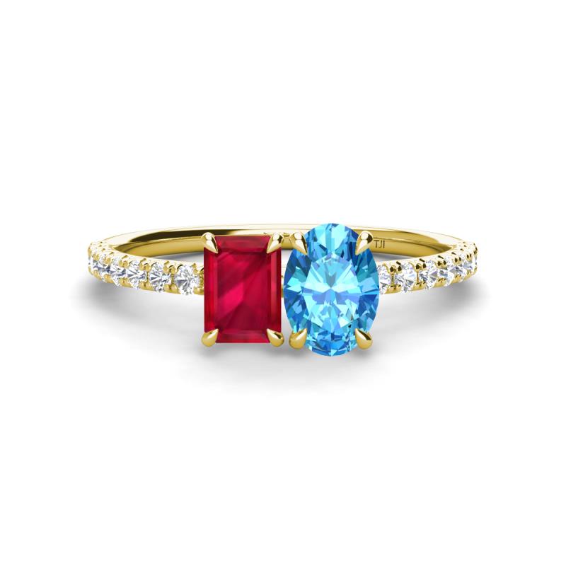 Galina 7x5 mm Emerald Cut Ruby and 8x6 mm Oval Blue Topaz 2 Stone Duo Ring 