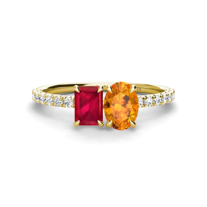 Galina 7x5 mm Emerald Cut Ruby and 8x6 mm Oval Citrine 2 Stone Duo Ring 