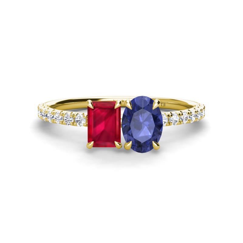 Galina 7x5 mm Emerald Cut Ruby and 8x6 mm Oval Iolite 2 Stone Duo Ring 