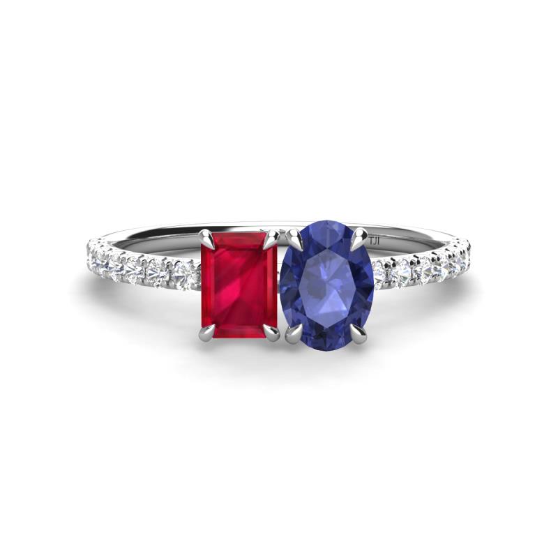Galina 7x5 mm Emerald Cut Ruby and 8x6 mm Oval Iolite 2 Stone Duo Ring 