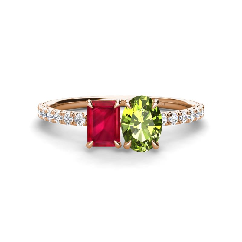 Galina 7x5 mm Emerald Cut Ruby and 8x6 mm Oval Peridot 2 Stone Duo Ring 