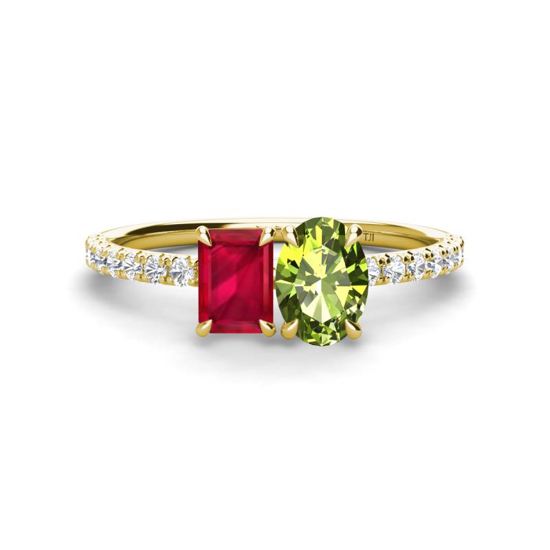 Galina 7x5 mm Emerald Cut Ruby and 8x6 mm Oval Peridot 2 Stone Duo Ring 