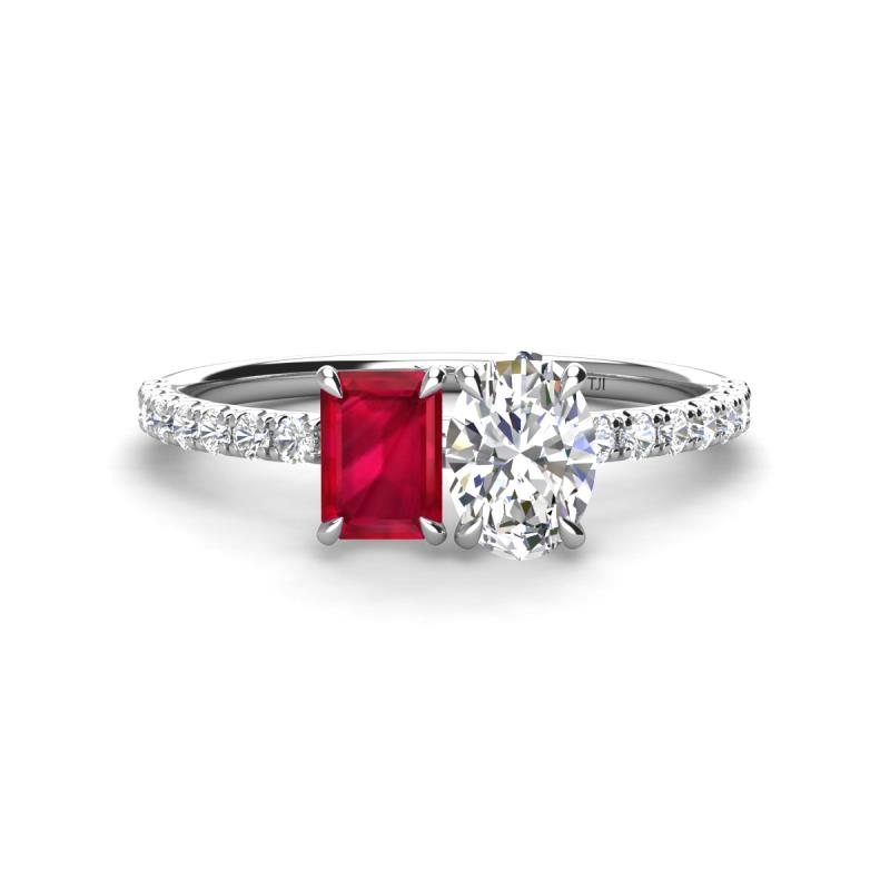 Galina 7x5 mm Emerald Cut Ruby and 8x6 mm Oval Forever Brilliant Moissanite 2 Stone Duo Ring 