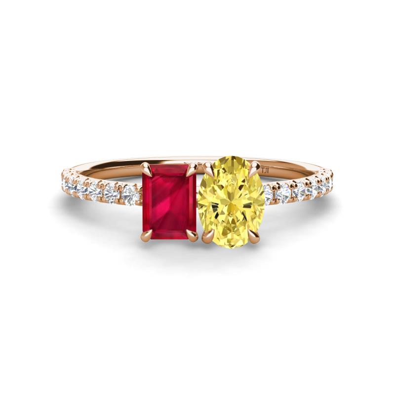 Galina 7x5 mm Emerald Cut Ruby and 8x6 mm Oval Yellow Sapphire 2 Stone Duo Ring 