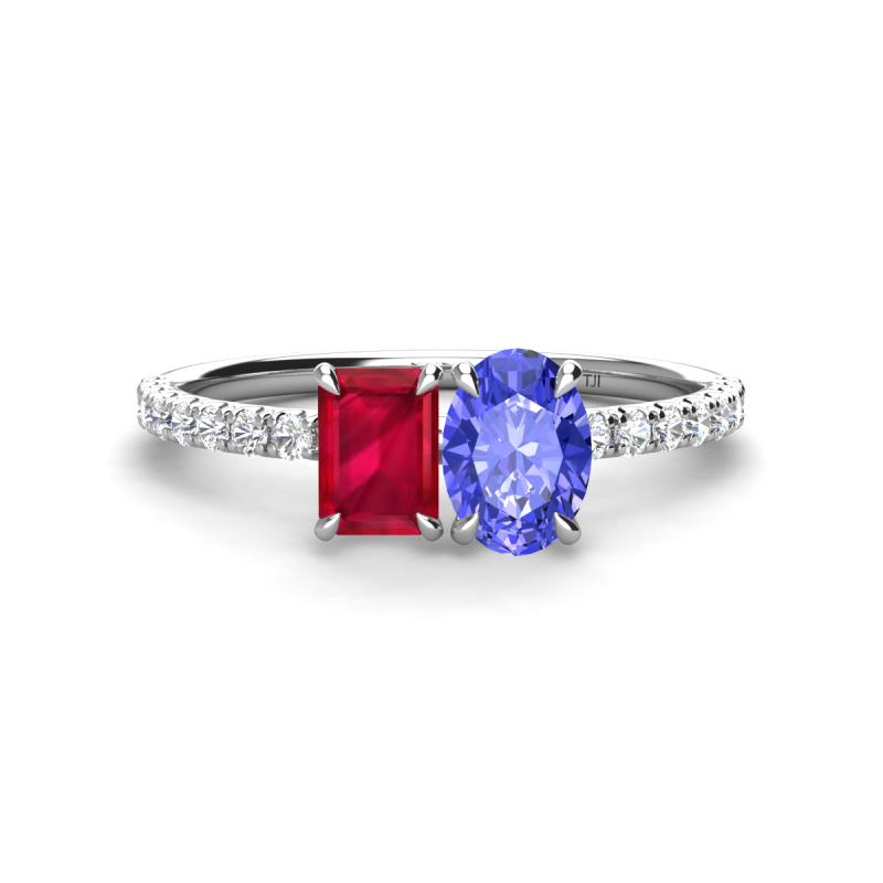 Galina 7x5 mm Emerald Cut Ruby and 8x6 mm Oval Tanzanite 2 Stone Duo Ring 