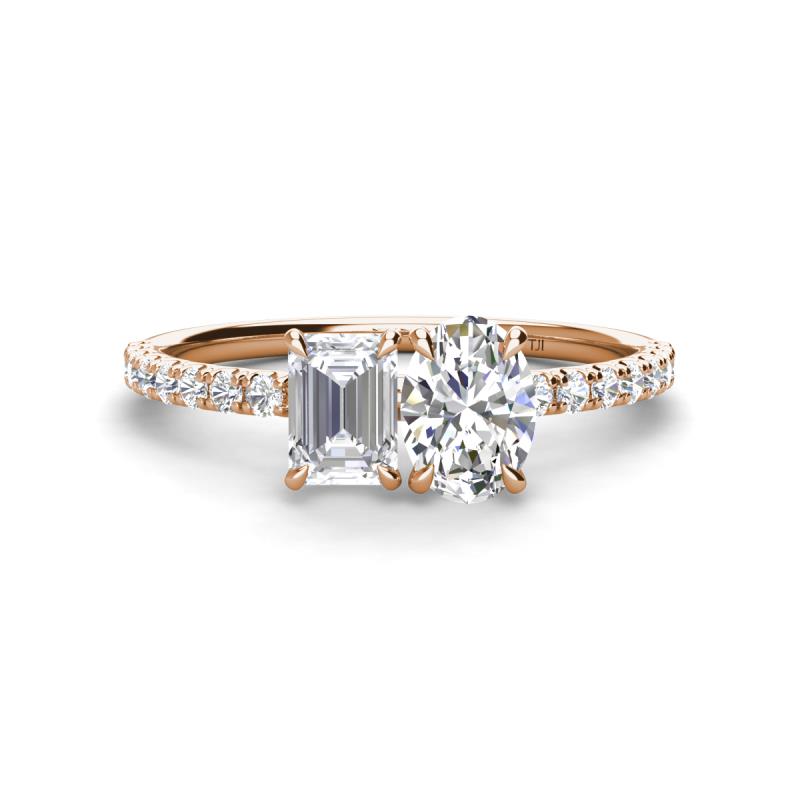 Galina 7x5 mm Emerald Cut White Sapphire and IGI Certified 8x6 mm Oval Lab Grown Diamond 2 Stone Duo Ring 