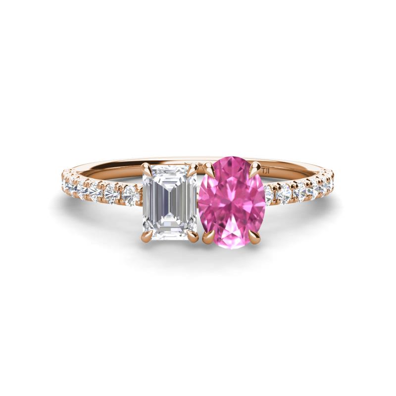 Galina 7x5 mm Emerald Cut White Sapphire and 8x6 mm Oval Pink Sapphire 2 Stone Duo Ring 