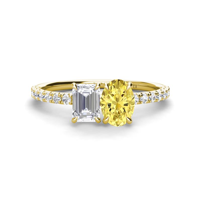Galina 7x5 mm Emerald Cut White Sapphire and 8x6 mm Oval Yellow Sapphire 2 Stone Duo Ring 
