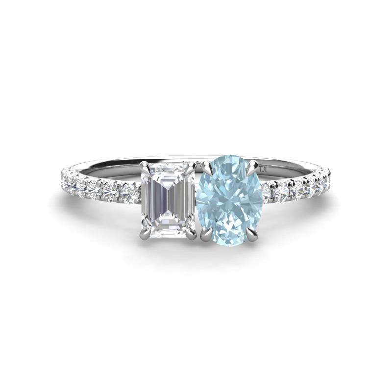 Galina 7x5 mm Emerald Cut White Sapphire and 8x6 mm Oval Aquamarine 2 Stone Duo Ring 