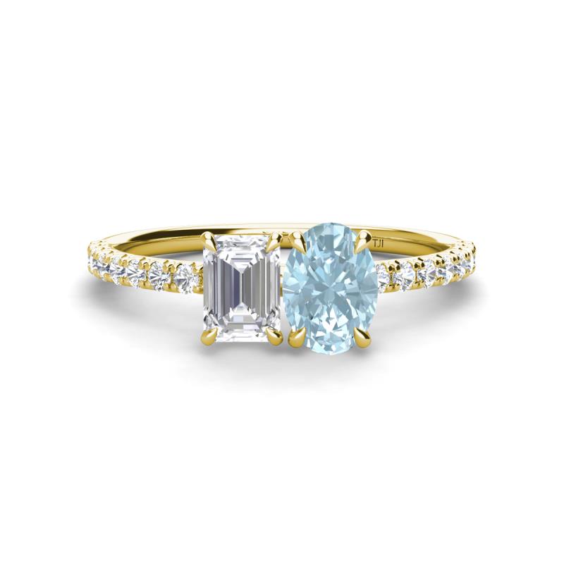 Galina 7x5 mm Emerald Cut White Sapphire and 8x6 mm Oval Aquamarine 2 Stone Duo Ring 