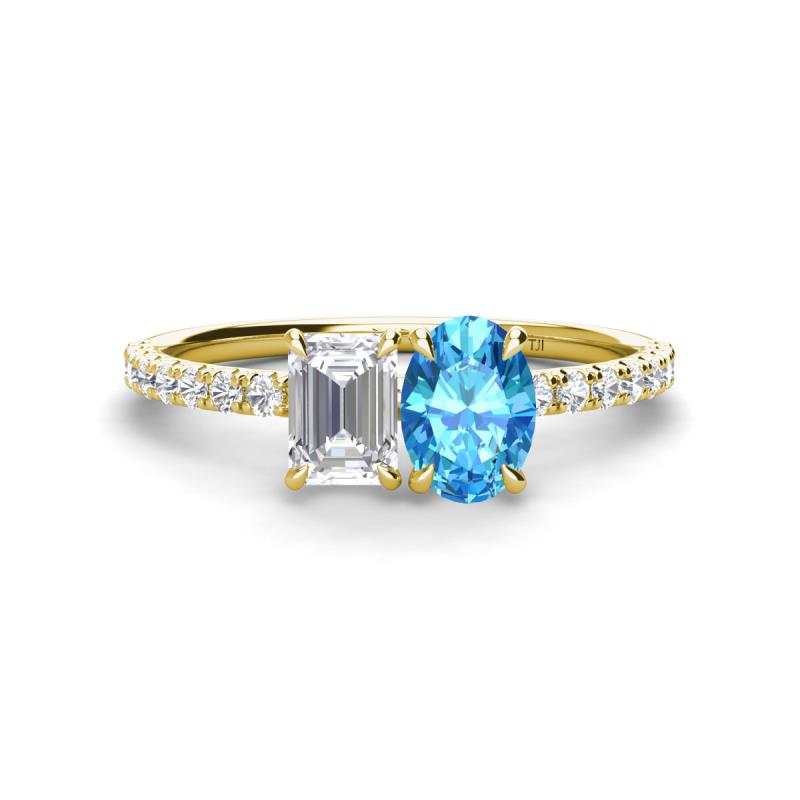 Galina 7x5 mm Emerald Cut White Sapphire and 8x6 mm Oval Blue Topaz 2 Stone Duo Ring 
