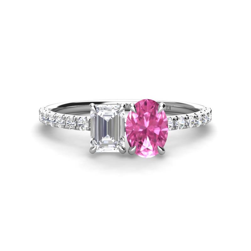 Galina 7x5 mm Emerald Cut White Sapphire and 8x6 mm Oval Pink Sapphire 2 Stone Duo Ring 