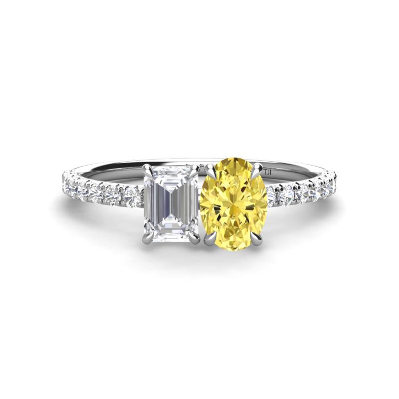 Galina 7x5 mm Emerald Cut White Sapphire and 8x6 mm Oval Yellow Sapphire 2 Stone Duo Ring 
