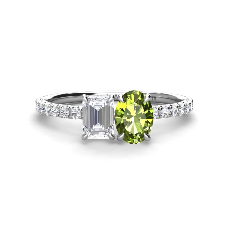 Galina 7x5 mm Emerald Cut White Sapphire and 8x6 mm Oval Peridot 2 Stone Duo Ring 