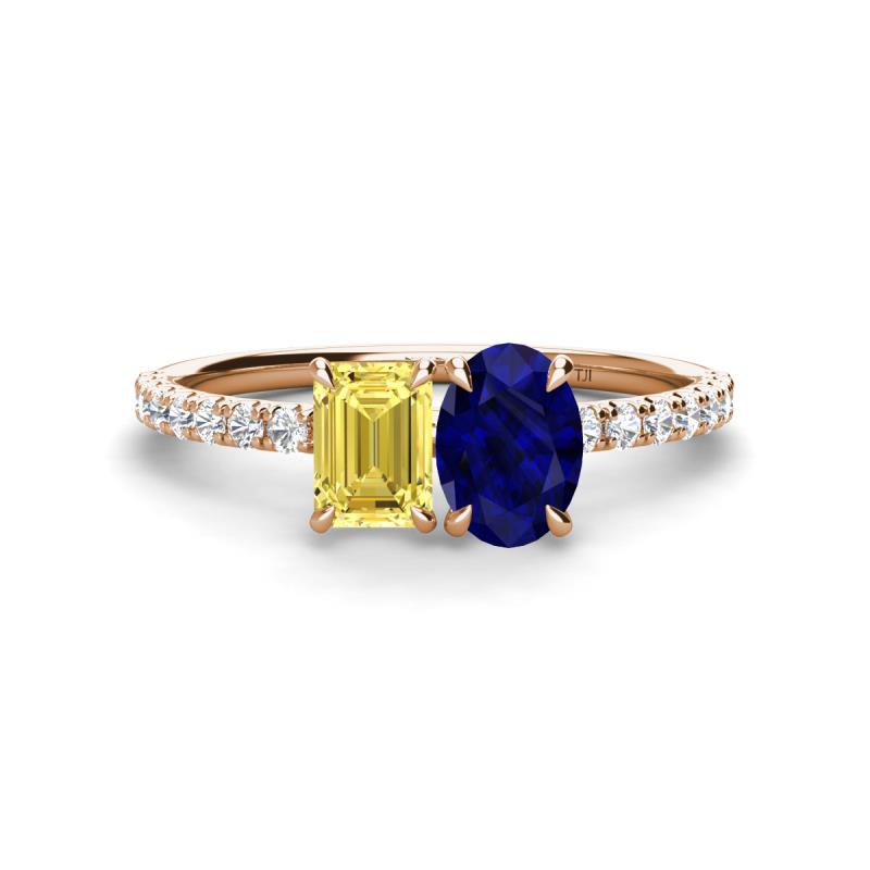 Galina 7x5 mm Emerald Cut Yellow Sapphire and 8x6 mm Oval Blue Sapphire 2 Stone Duo Ring 