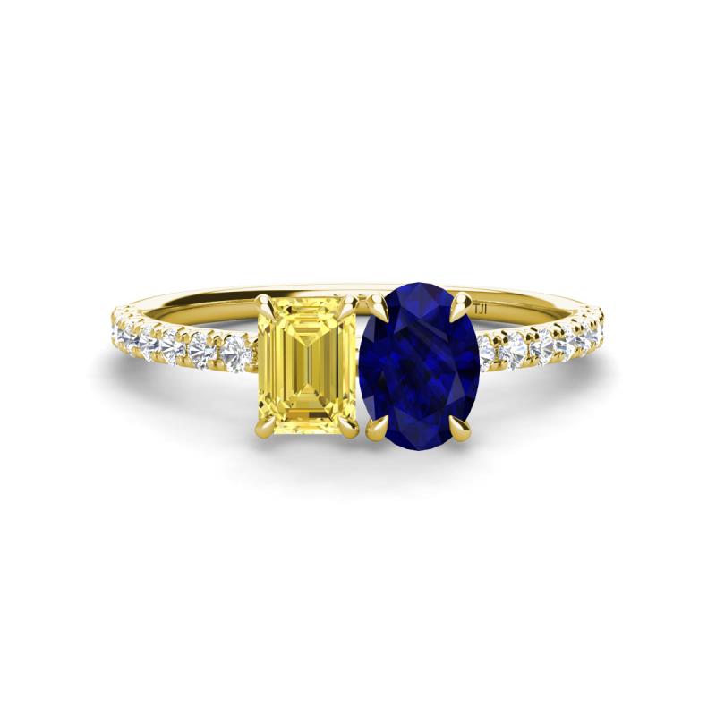 Galina 7x5 mm Emerald Cut Yellow Sapphire and 8x6 mm Oval Blue Sapphire 2 Stone Duo Ring 