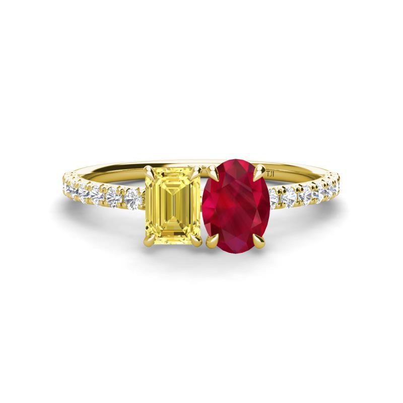 Galina 7x5 mm Emerald Cut Yellow Sapphire and 8x6 mm Oval Ruby 2 Stone Duo Ring 