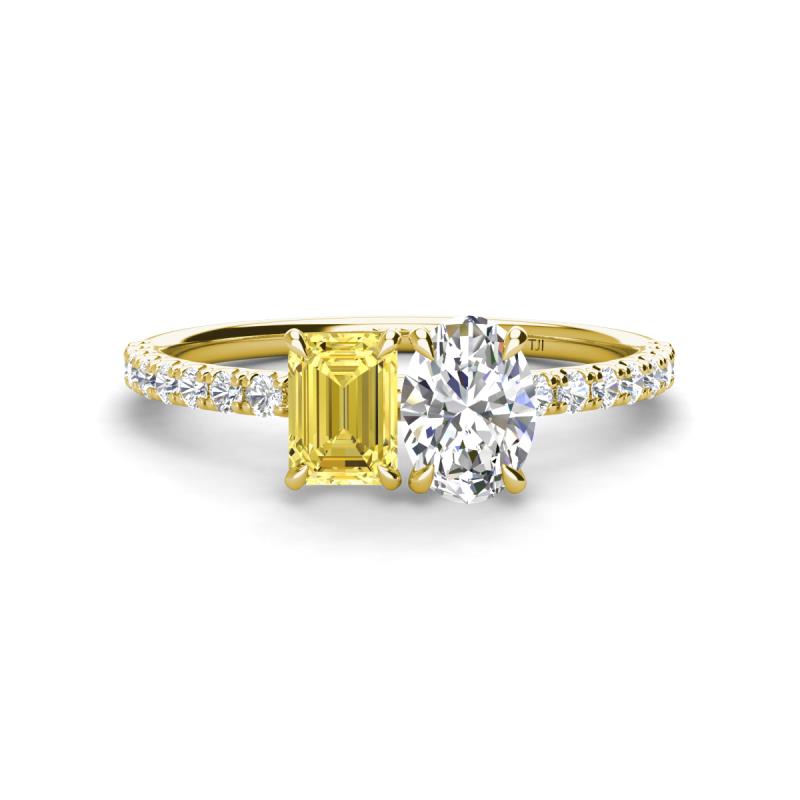 Galina 7x5 mm Emerald Cut Yellow Sapphire and 8x6 mm Oval Forever Brilliant Moissanite 2 Stone Duo Ring 
