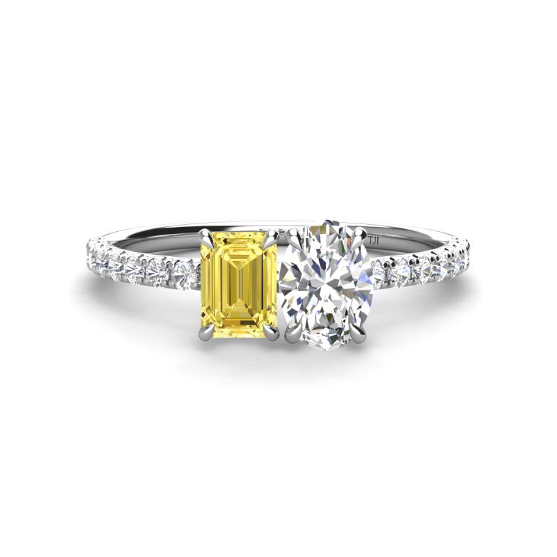 Galina 7x5 mm Emerald Cut Yellow Sapphire and 8x6 mm Oval Forever One Moissanite 2 Stone Duo Ring 