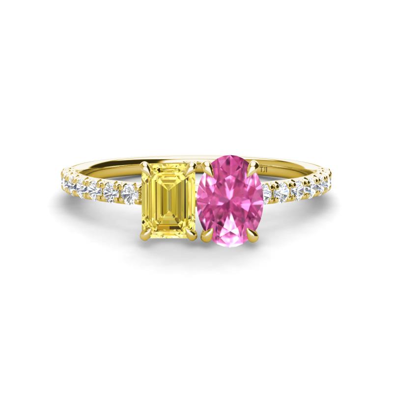 Galina 7x5 mm Emerald Cut Yellow Sapphire and 8x6 mm Oval Pink Sapphire 2 Stone Duo Ring 