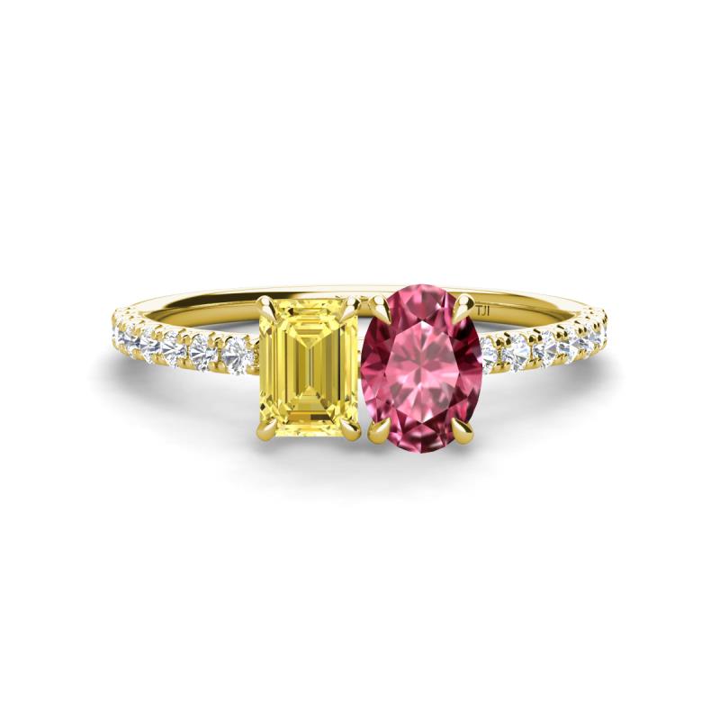 Galina 7x5 mm Emerald Cut Yellow Sapphire and 8x6 mm Oval Pink Tourmaline 2 Stone Duo Ring 