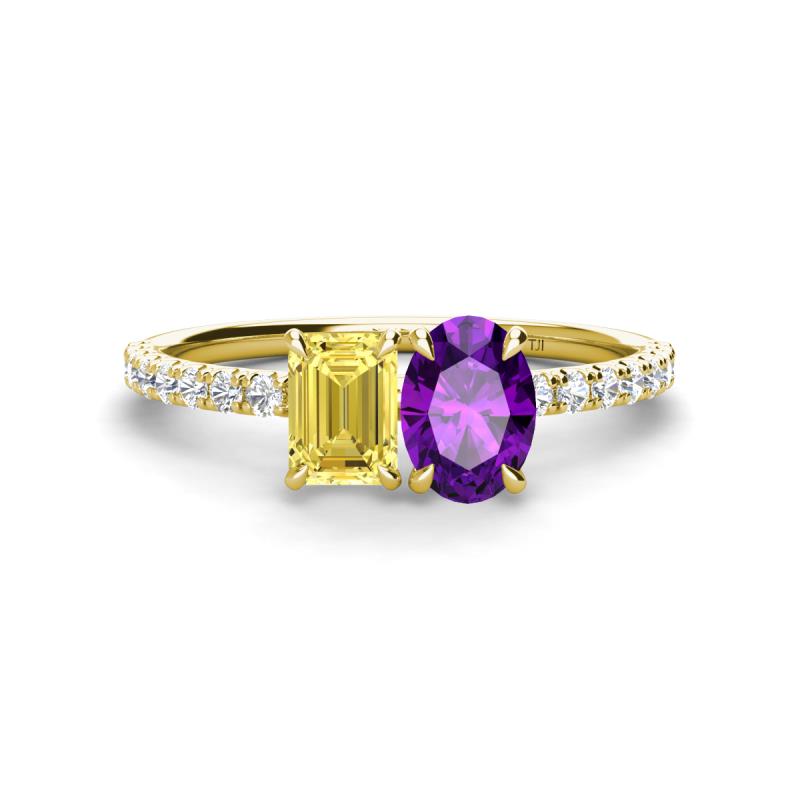 Galina 7x5 mm Emerald Cut Yellow Sapphire and 8x6 mm Oval Amethyst 2 Stone Duo Ring 