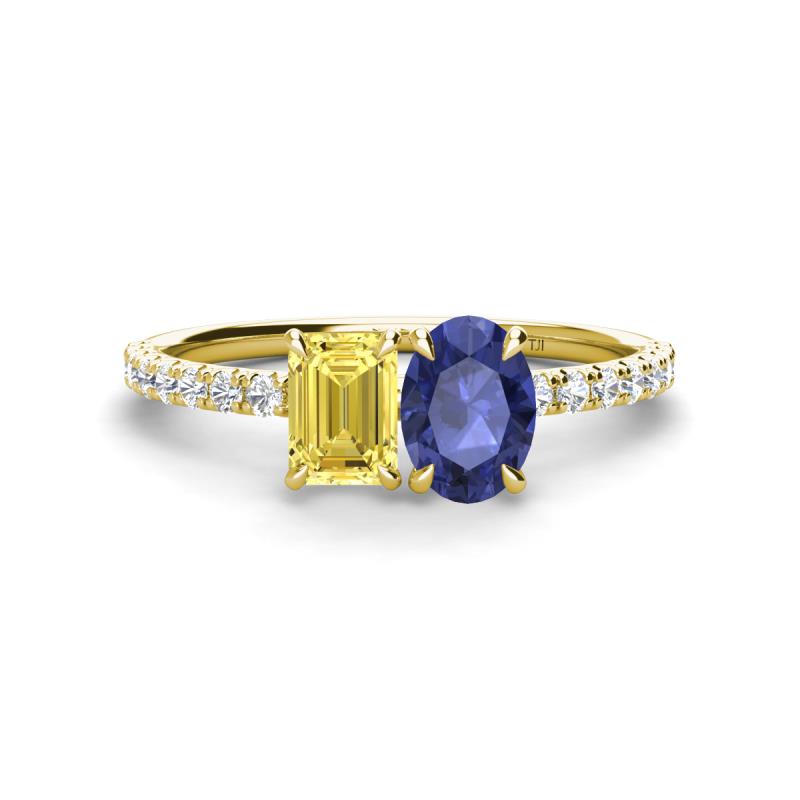 Galina 7x5 mm Emerald Cut Yellow Sapphire and 8x6 mm Oval Iolite 2 Stone Duo Ring 
