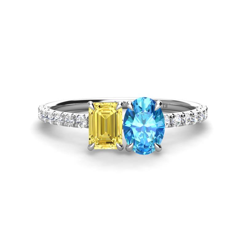 Galina 7x5 mm Emerald Cut Yellow Sapphire and 8x6 mm Oval Blue Topaz 2 Stone Duo Ring 
