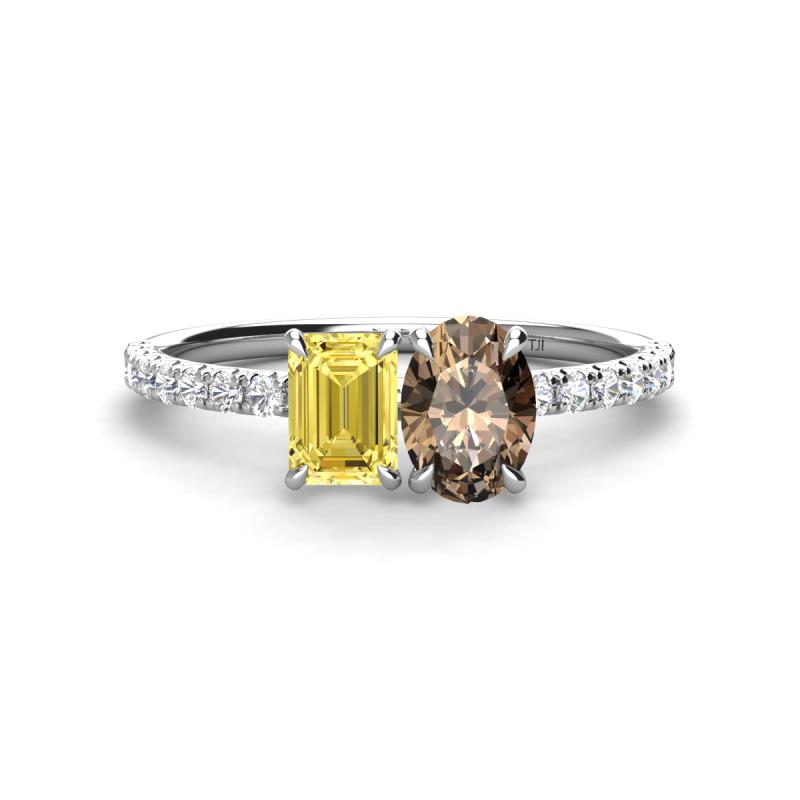 Galina 7x5 mm Emerald Cut Yellow Sapphire and 8x6 mm Oval Smoky Quartz 2 Stone Duo Ring 