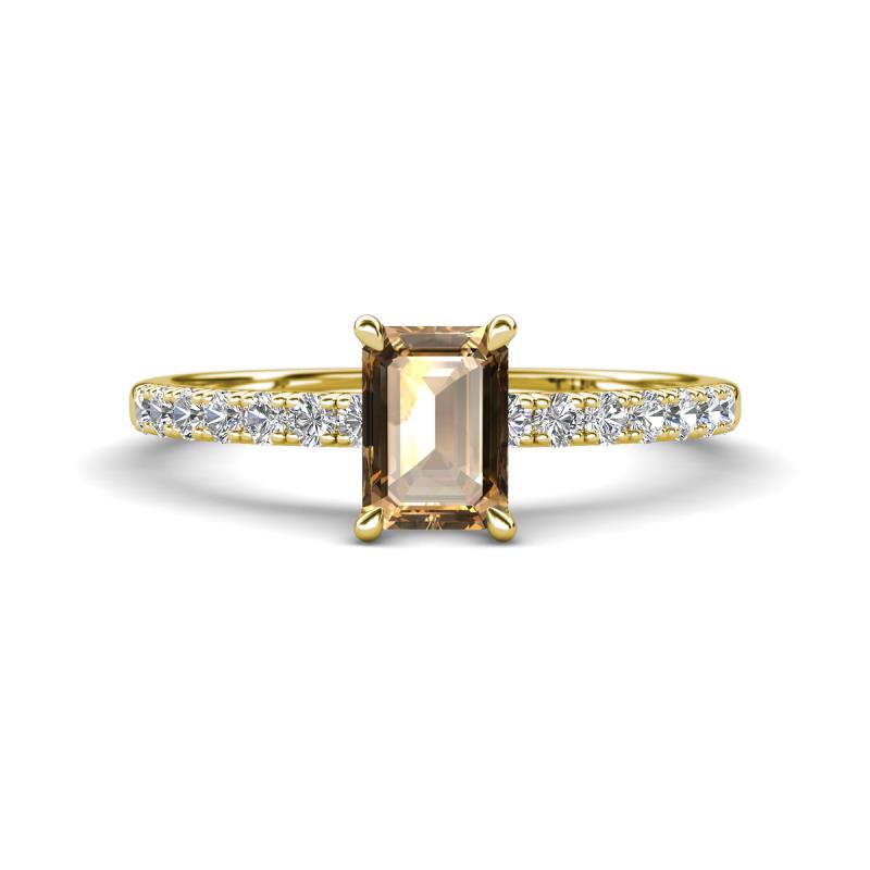 Aurin 7x5 mm Emerald Cut Smoky Quartz and Round Diamond Engagement Ring 