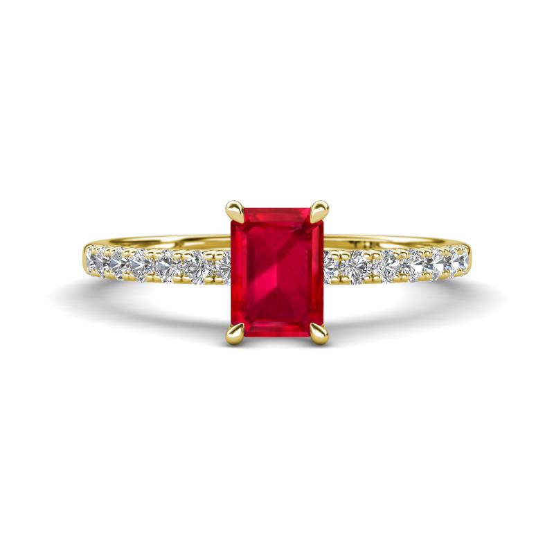 Aurin 7x5 mm Emerald Cut Ruby and Round Diamond Engagement Ring 