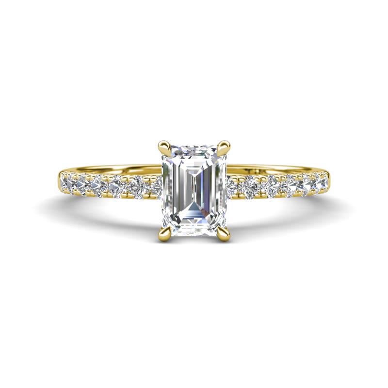 Aurin GIA Certified 7x5 mm Emerald Cut Diamond and Round Diamond Engagement Ring 