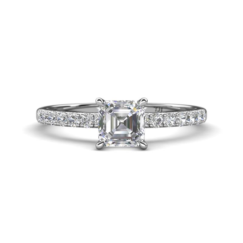 Aurin 6.00 mm Asscher Cut Forever Brilliant Moissanite and Round Diamond Engagement Ring 